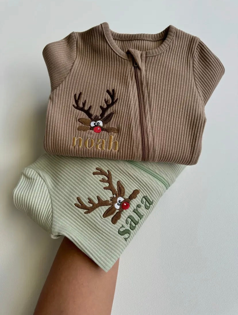 PERSONALISED CHRISTMAS REINDEER ZIP SLEEPSUIT