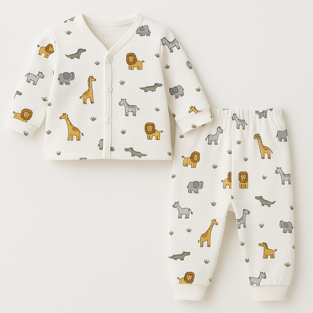 WHITE SAFARI PRINT BABY PJS BEIGE BEAR KIDSWEAR