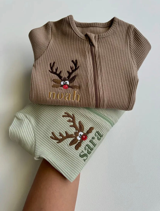 PERSONALISED CHRISTMAS REINDEER ZIP SLEEPSUIT