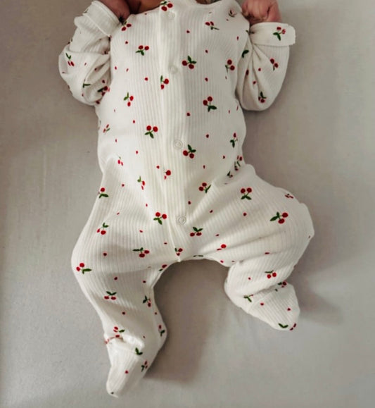 SALE ORGANIC COTTON CHERRY PRINT SLEEPSUIT