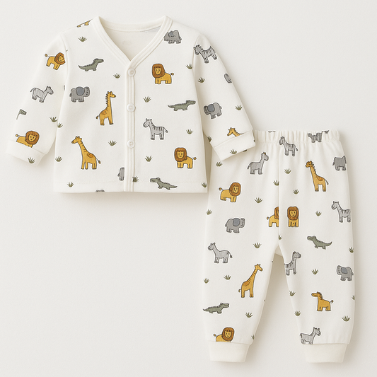 WHITE SAFARI PRINT BABY PJS BEIGE BEAR KIDSWEAR