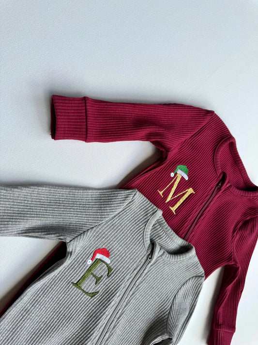 PERSONALISED CHRISTMAS ZIP SLEEPSUIT - INITIAL SANTA HAT